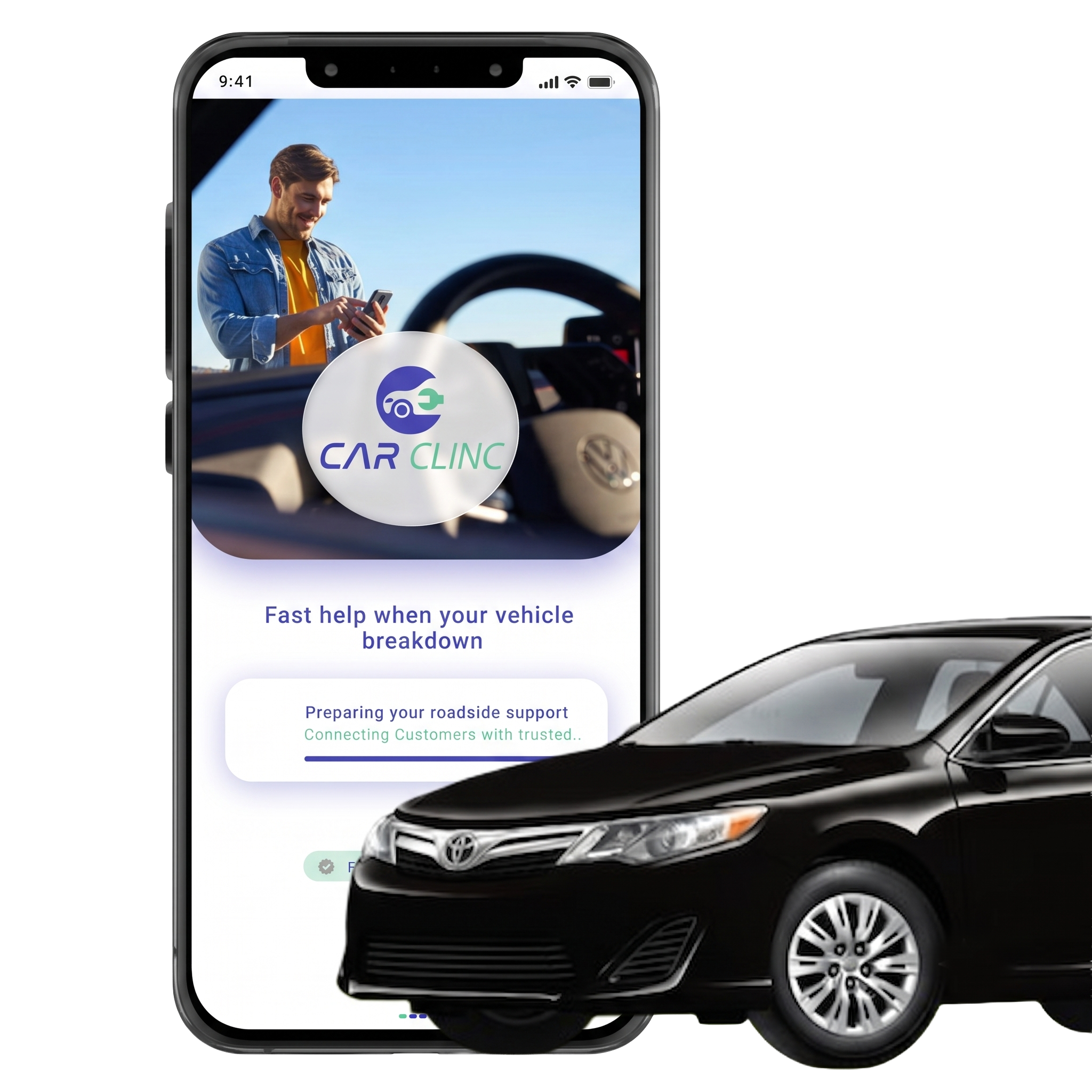 Car Clinc mobile app beside a car