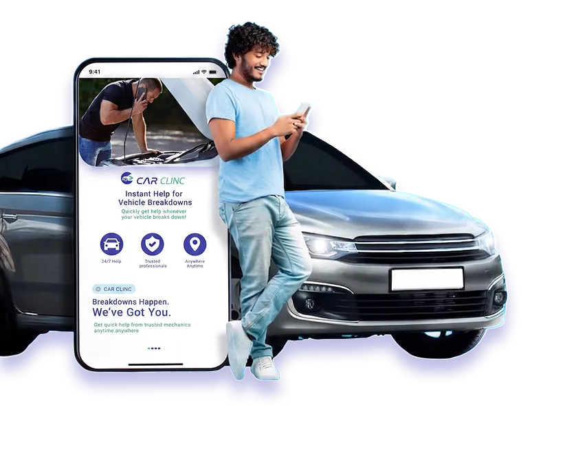 Car Clinc mobile app beside a driver and car
