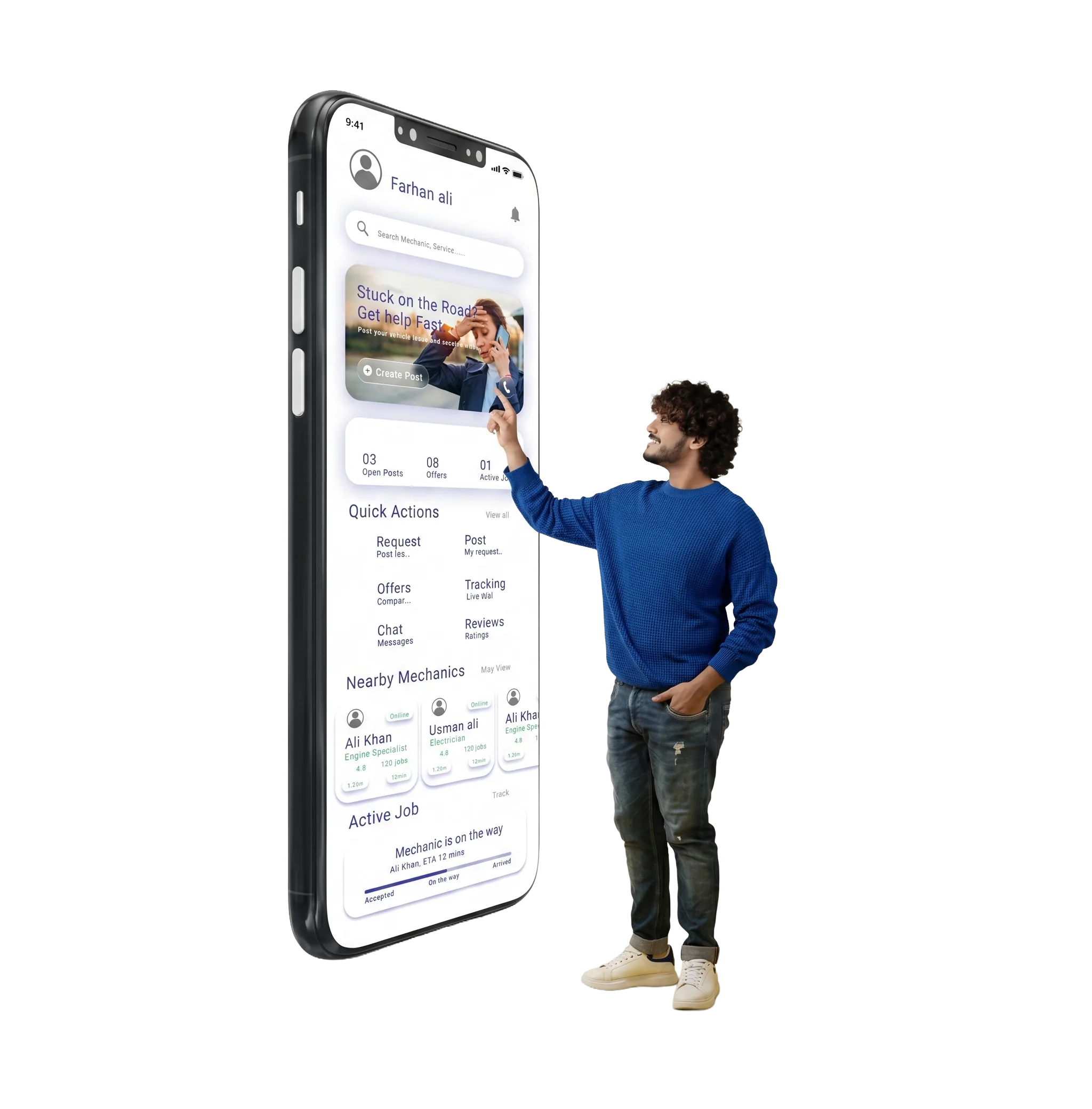 Car Clinc app showing nearby mechanics and an active roadside job