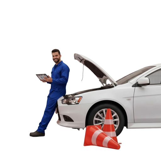 Mechanic beside a car needing roadside assistance
