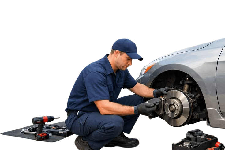 Mechanic inspecting a car brake assembly
