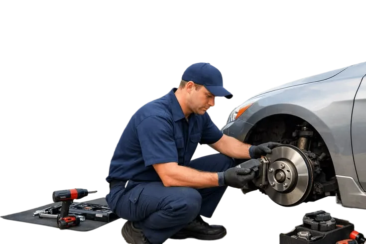 Mechanic inspecting a car brake assembly