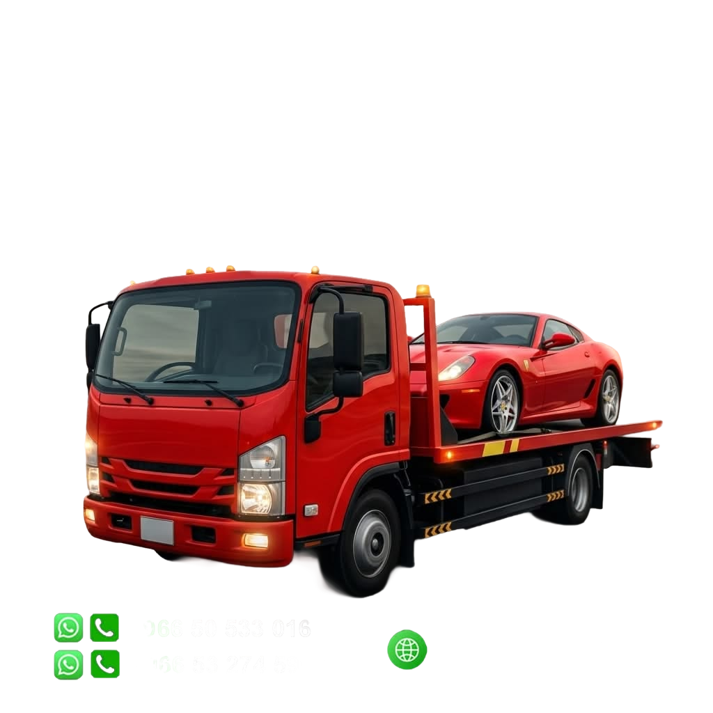 Red flatbed tow truck carrying a car