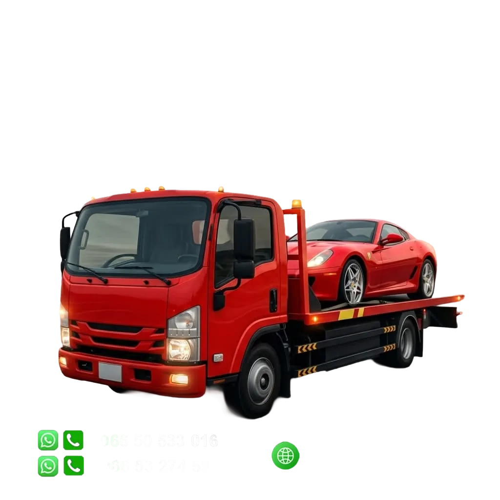 Red flatbed tow truck carrying a car