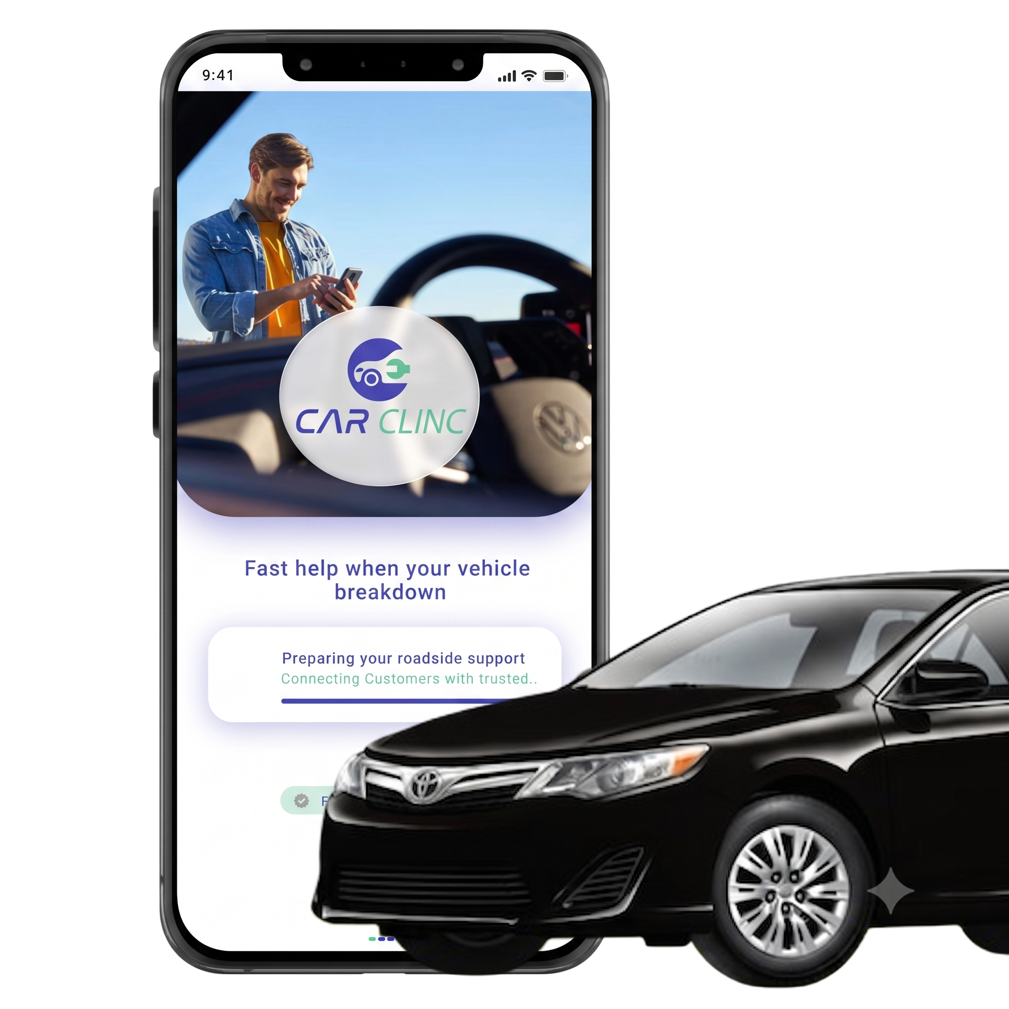 Car Clinc mobile app beside a car